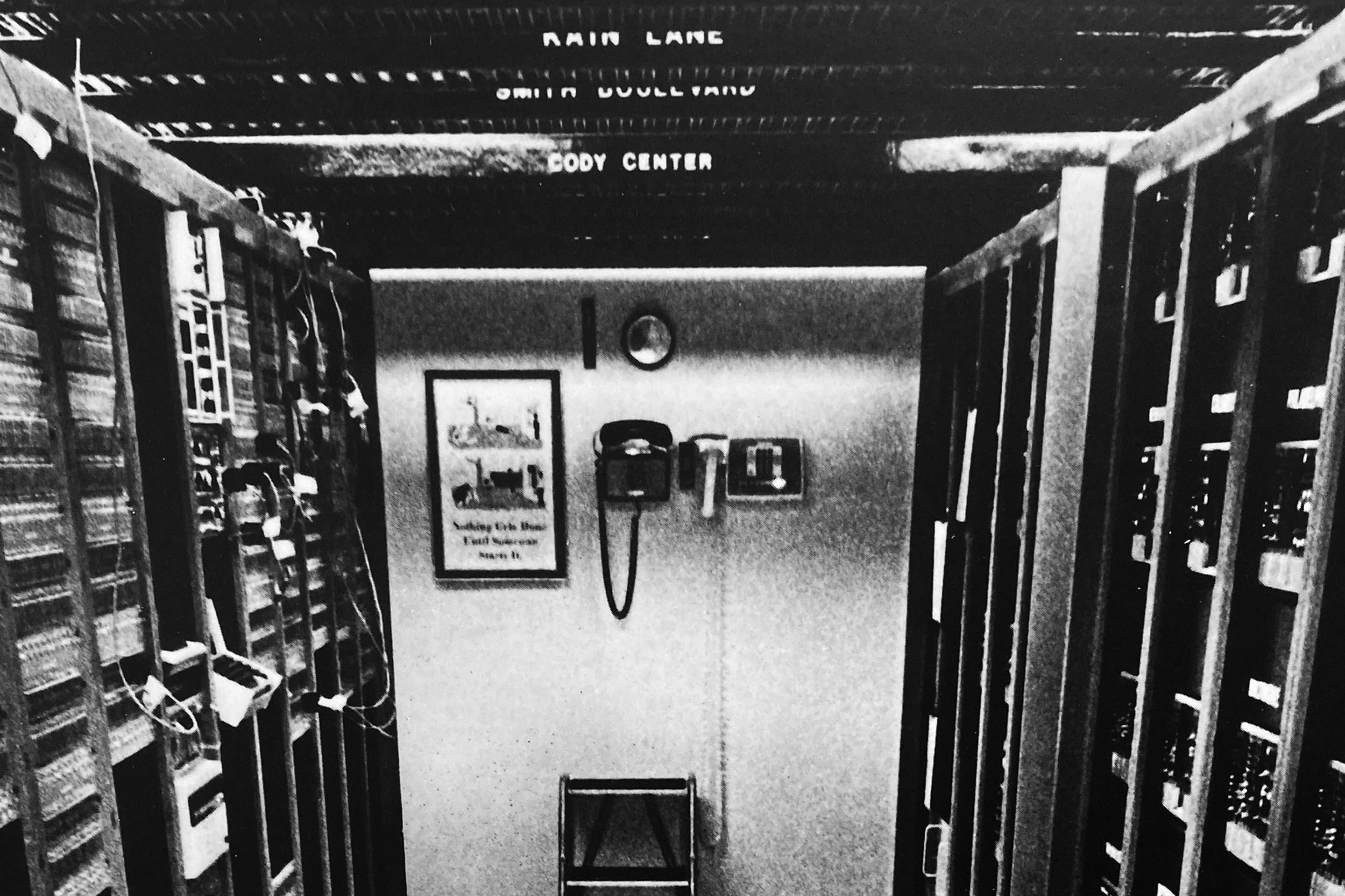 Archival image of a data room.